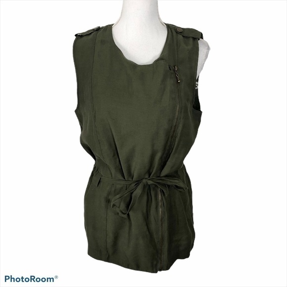 Takara Army Green Full Zip Waist Tie Top Medium - Picture 1 of 7